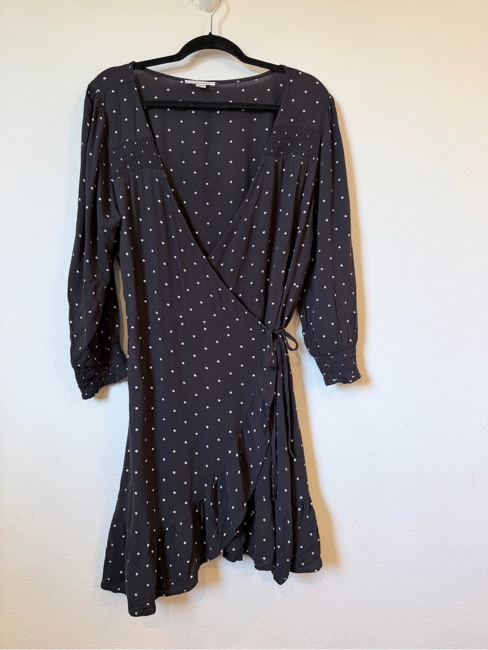 American Eagle Outfitters Black Mini Wrap Dress with White Polka Dots